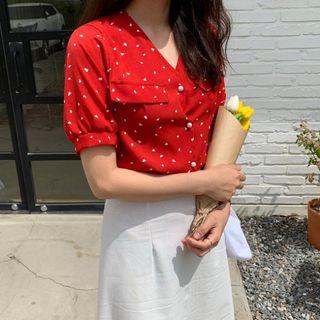 V-neck Heart Patterned Blouse Red - One Size