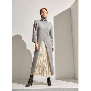 Turtle-neck Deep-slit Long Knit Dress Gray - One Size