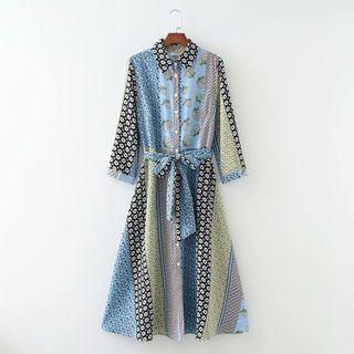 Color Block Floral Midi A-line Shirtdress