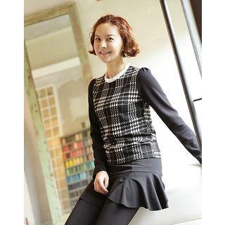Frill-neck Plaid-panel Top