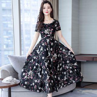 Short-sleeve Floral A-line Midi Chiffon Dress