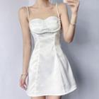 Beaded Trim Satin Spaghetti Strap Dress