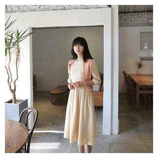 3/4-sleeve A-line Dress Beige - One Size