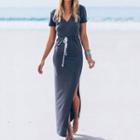 Short-sleeve V-neck Slit-side Dress