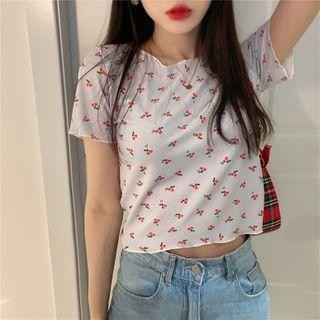 Cherry-print Crop T-shirt As Shown In Figure - One Size