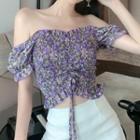 Flower Print Drawstring Off-shoulder Blouse Purple - One Size