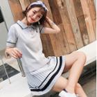 Set: Knitted Short-sleeve Polo Shirt + A-line Skirt
