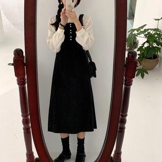 Plain Long-sleeve Shirt / Midi A-line Pinafore Dress