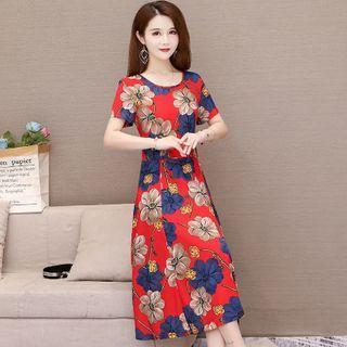 Short-sleeve Flower Print Midi A-line Dress / Undershorts