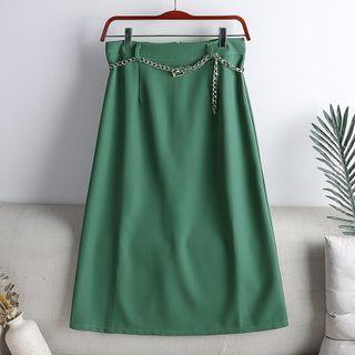 Plain Chain Slit Midi Skirt