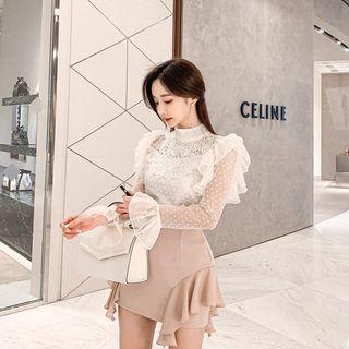 Mock-neck Frill-trim Laced Blouse