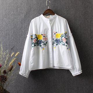 Flower Embroidered Mock Neck Cropped Shirt