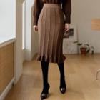 Frill-hem Herringbone Midi Knit Skirt Brown - One Size
