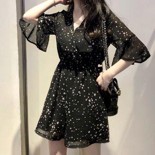 Star Print Bell-sleeve Chiffon Playsuit
