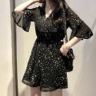 Star Print Bell-sleeve Chiffon Playsuit