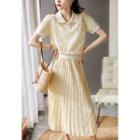 Set: Short-sleeve Collar Floral Knit Top + Lace Midi Accordion Pleat Skirt