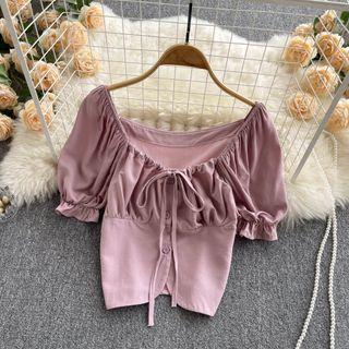 Square-neck Drawstring Puff Short-sleeve Cropped Top