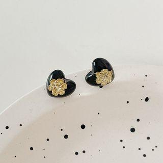 Flower Heart Resin Alloy Earring 1 Pair - Flower Heart Resin Alloy Earring - Black & Gold - One Size