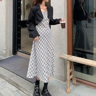 Spaghetti Strap Plaid Midi A-line Dress / Crop Blazer