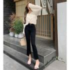 Off-shoulder Chiffon Crop Blouse / Slit-hem Straight-cut Crop Pants