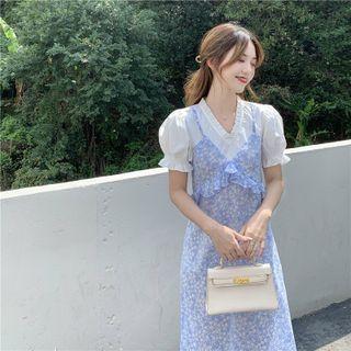 Puff-sleeve Mock Two-piece Floral Midi A-line Dress