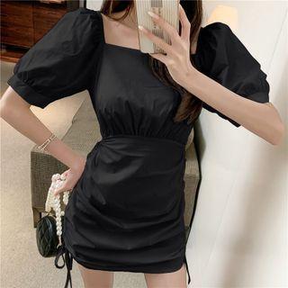 Off Shoulder Keyhole Drawstring Sheath Dress
