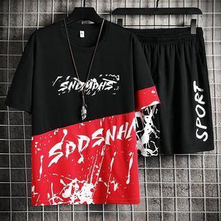 Set: Short-sleeve Lettering Splatter T-shirt + Shorts