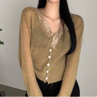 V-neck Lace Trim Cardigan Brown - One Size