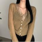 V-neck Lace Trim Cardigan Brown - One Size