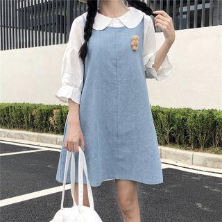 Denim Mini A-line Overall Dress / Plain Blouse / Set