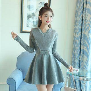 Furry Trim Long Sleeve A-line Mini Dress