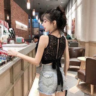 Open Tie-back Lace Panel Knit Top