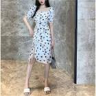 Short-sleeve Square-neck Dot Printed Slit Dress