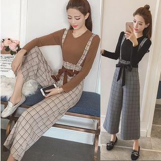 Set: Long-sleeve T-shirt + Check Suspender Pants