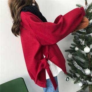 Slit-hem Round-neck Pullover Dark Red - One Size