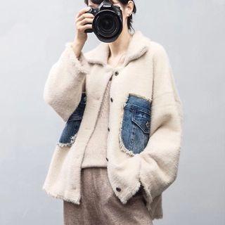 Denim Panel Furry Buttoned Jacket