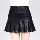 Faux Leather Zip Front Pleated Skirt