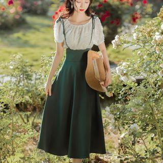 Set: Puff-sleeve Top + Midi Suspender Dress