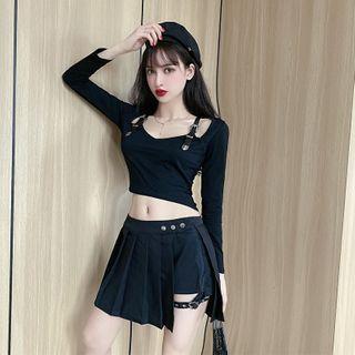 Belted Strap Cropped Top /asymmetric Pleated Skirt / Set