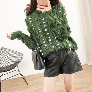 Fringed Sequined Sweater Army Green - One Size