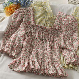 Floral Ruffled-trim Smocked Crop Top In 5 Colors