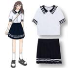 Striped Short-sleeve Blouse / High Waist Pleated Skirt