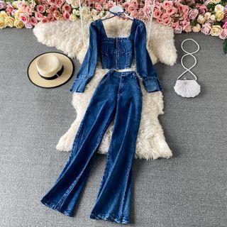 Set:square Neck Long Sleeve Denim Crop Top+high Waist Jeans