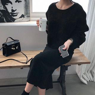 Set: Drop-shoulder Wool Blend Knit Top + Long Skirt