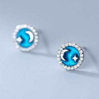 Moon & Star Rhinestone Sterling Silver Earring 1 Pair - Blue - One Size