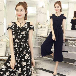 Cold-shoulder Short-sleeve Wide-leg Chiffon Jumpsuit