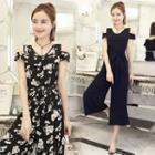 Cold-shoulder Short-sleeve Wide-leg Chiffon Jumpsuit