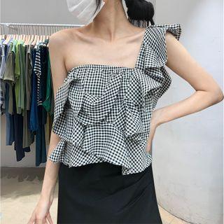 One-shoulder Ruffle Trim Gingham Sleeveless Top Gingham - Black & White - One Size