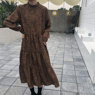 Long-sleeve Leopard Print Midi Dress As Shown In Figure - One Size