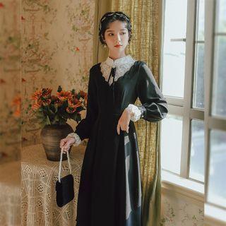 Lace Trim Long-sleeve Dress With Ribbon-accent